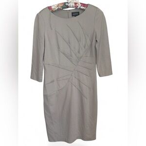 Adrianna Papell Dress Women 4 Taupe Neutrals 3/4 Sleeve Ruched Stretch Knit Midi